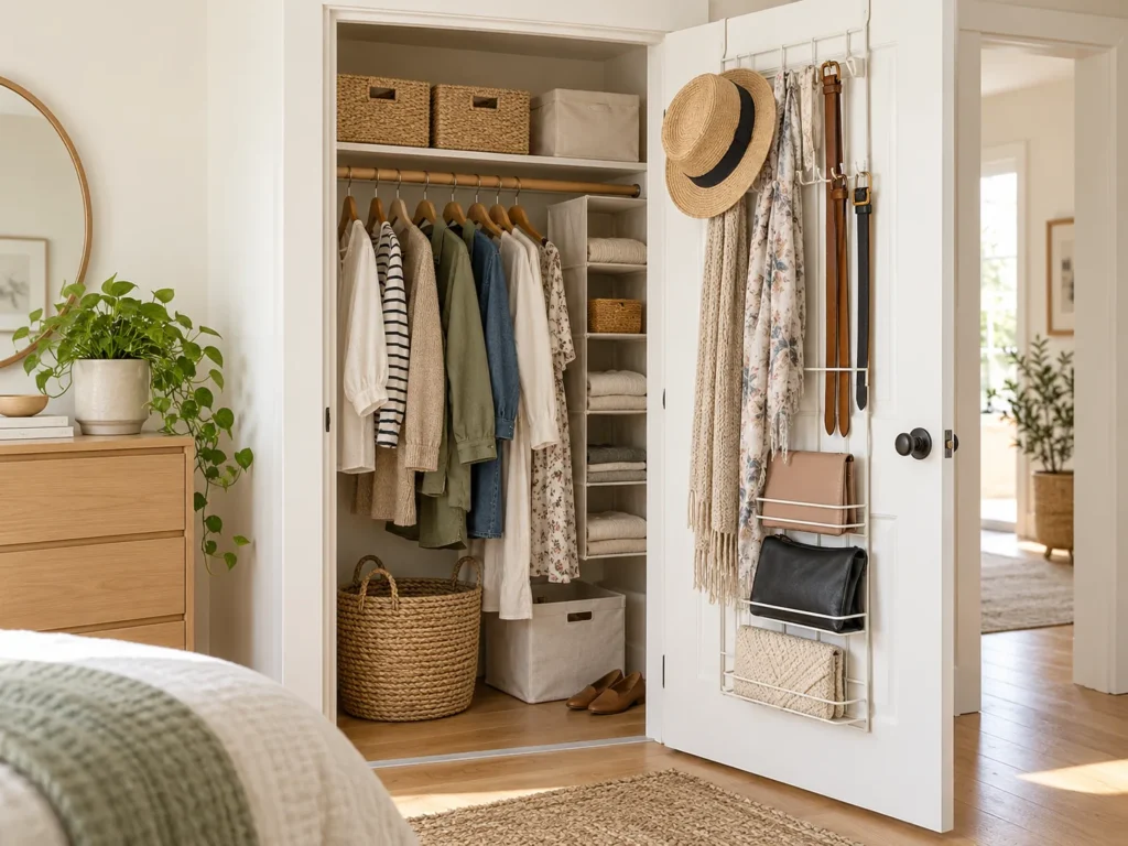 Over the door closet storage ideas for renters using hooks and shallow racks for hats, scarves, belts and lightweight bags.