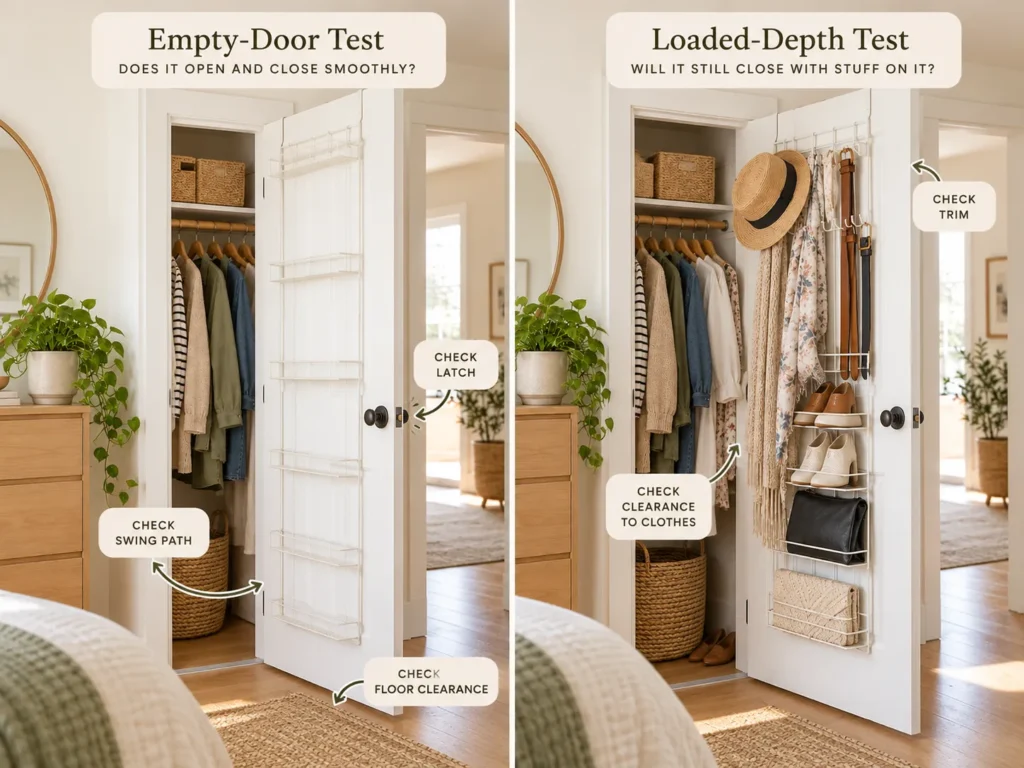 Empty-door and loaded-depth tests showing how to check swing path, latch clearance, trim and clothes before using an over-door organizer.