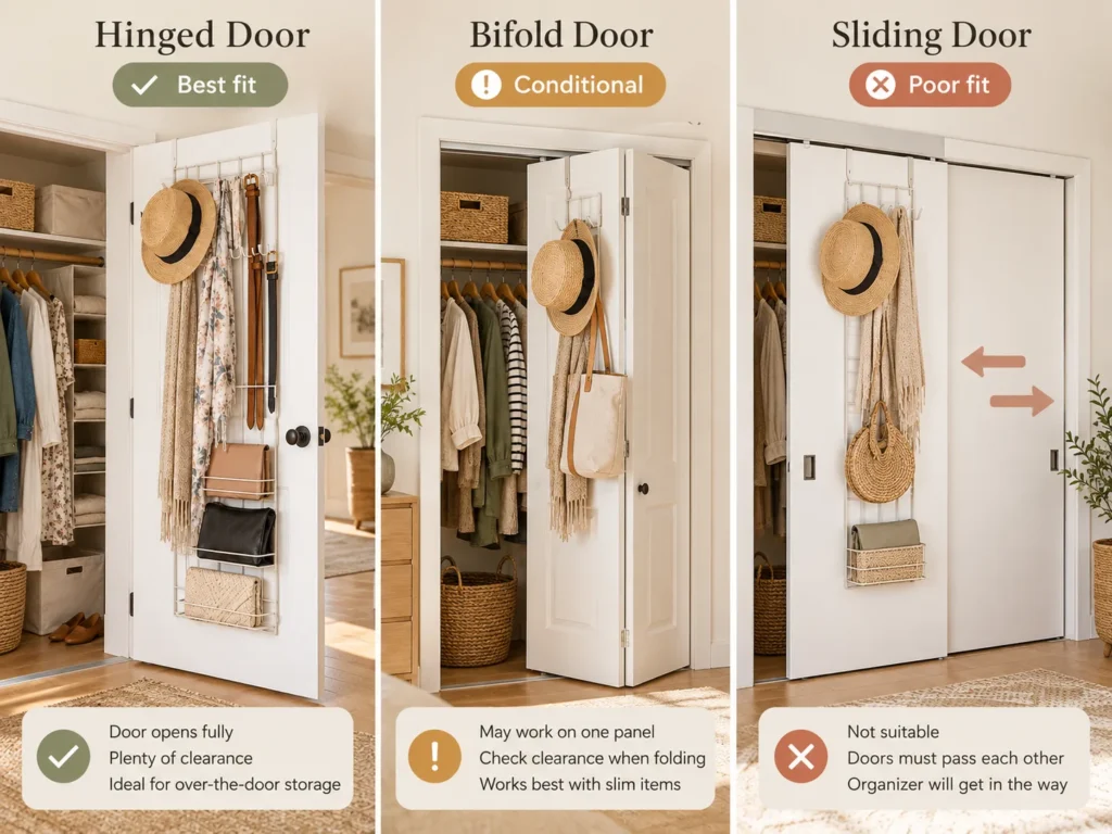 Comparison of hinged, bifold and sliding closet doors showing which door types work best for over-the-door storage.