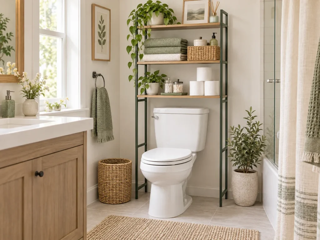 Over-the-toilet shelving with towels and baskets in a small bathroom
