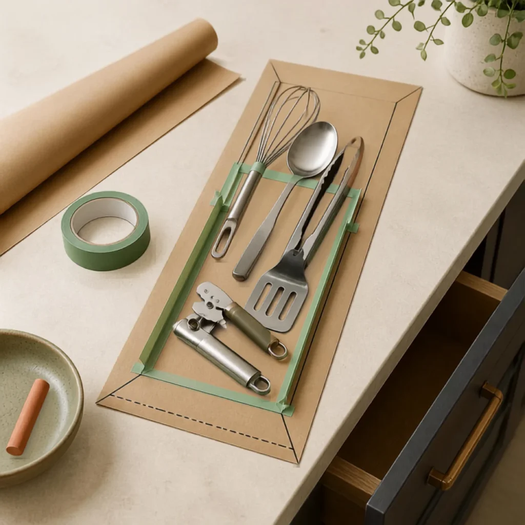 Testing a narrow utensil drawer layout with real tools and a paper organizer outline