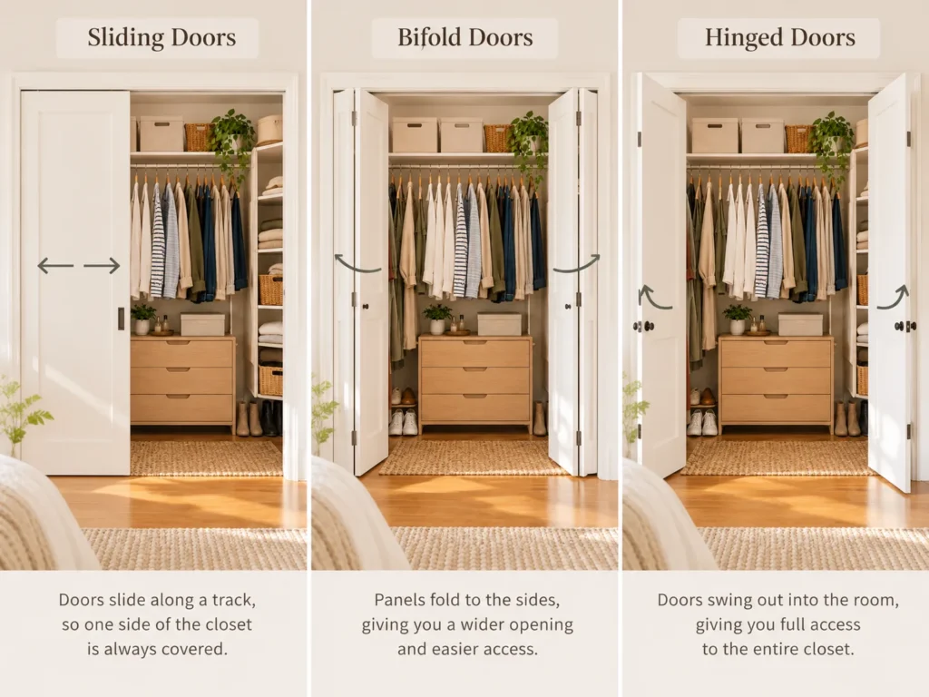 Comparison of sliding, bifold and hinged closet doors showing how each door type affects access to a reach-in closet.