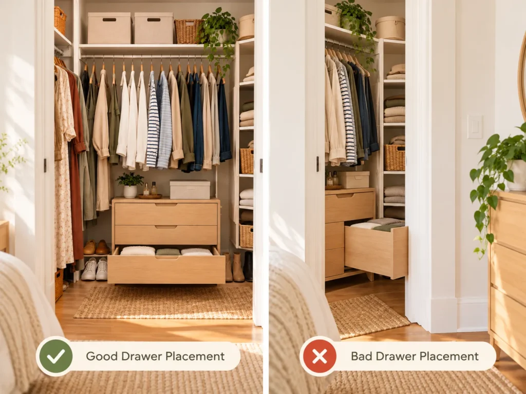 Good and bad drawer placement in a small reach-in closet showing how doorway clearance affects full drawer extension.