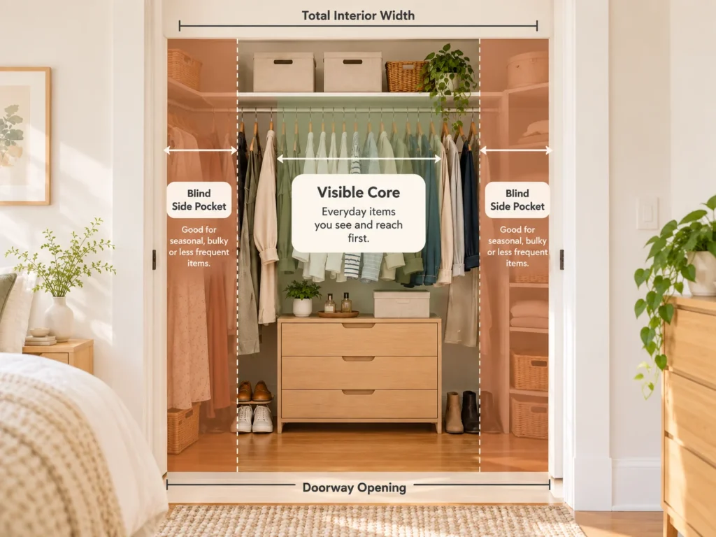 Reach-in closet retrieval window diagram showing the visible core, blind side pockets, doorway opening and total interior width.