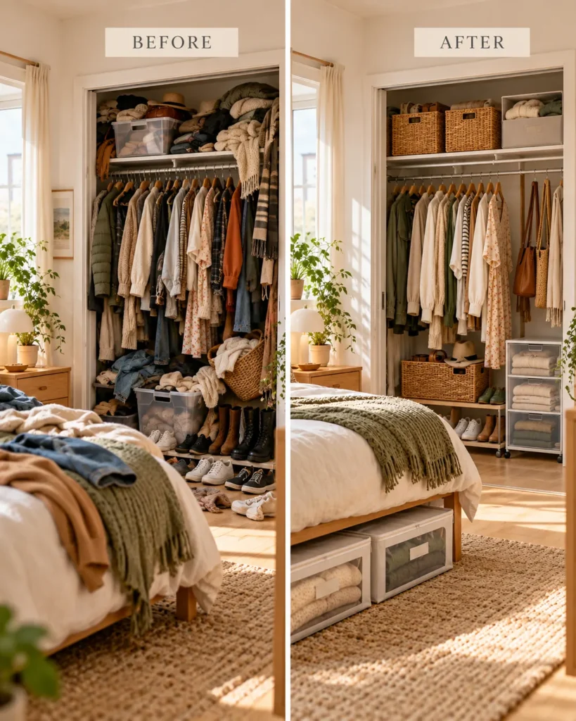 Before and after seasonal closet organization showing an overcrowded wardrobe transformed with active clothing and fixed off-season storage.