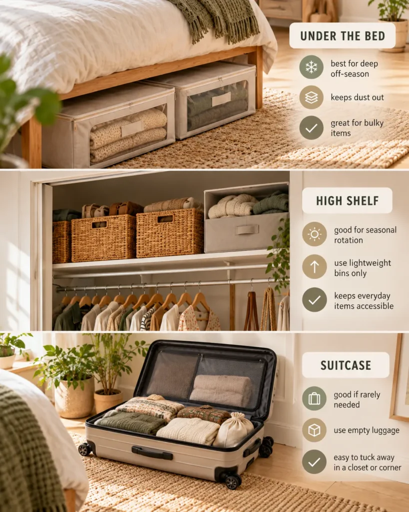 Comparison of seasonal clothes storage options using under-bed bins, a high closet shelf, and an empty suitcase.