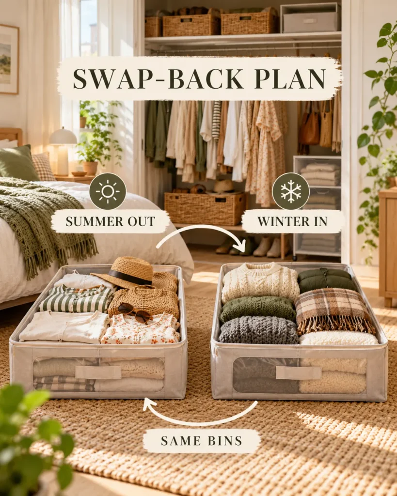 Swap-Back Plan showing summer clothes coming out and winter clothes going into the same seasonal storage bins.