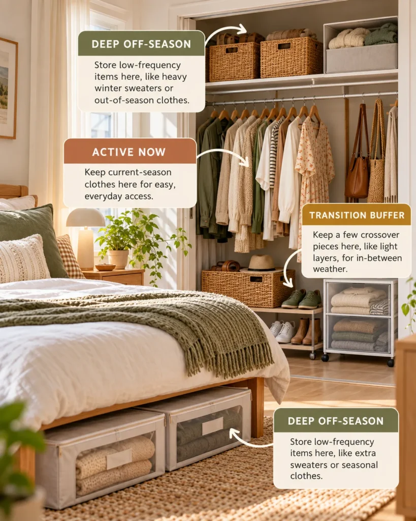 Seasonal wardrobe organization showing Active Now clothes, a Transition Buffer, and Deep Off-Season storage zones.