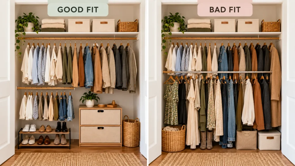 Good and bad examples of adding a second hanging rod to a one-rod closet while preserving long-hang and floor space.