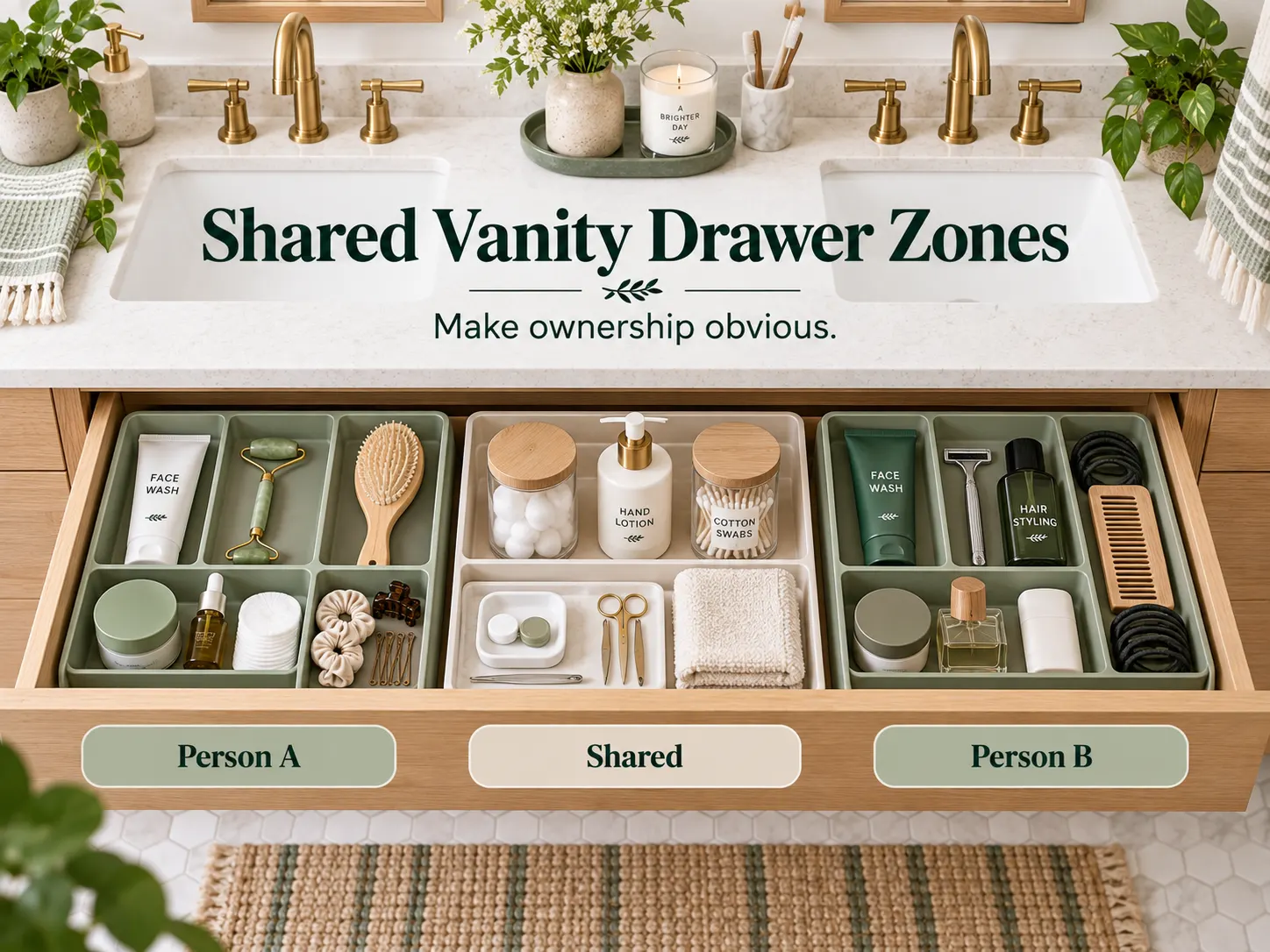 Shared bathroom vanity drawer divided into Person A, shared and Person B organization zones.