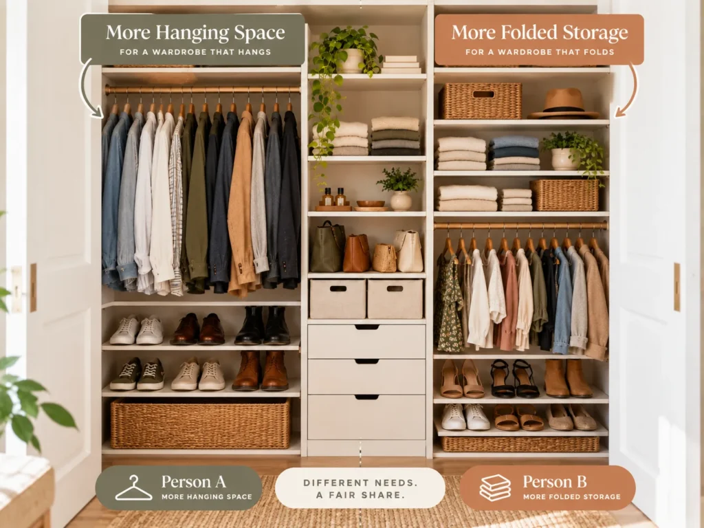Shared closet layout comparing one person who needs more hanging space with another who needs more folded clothing storage.