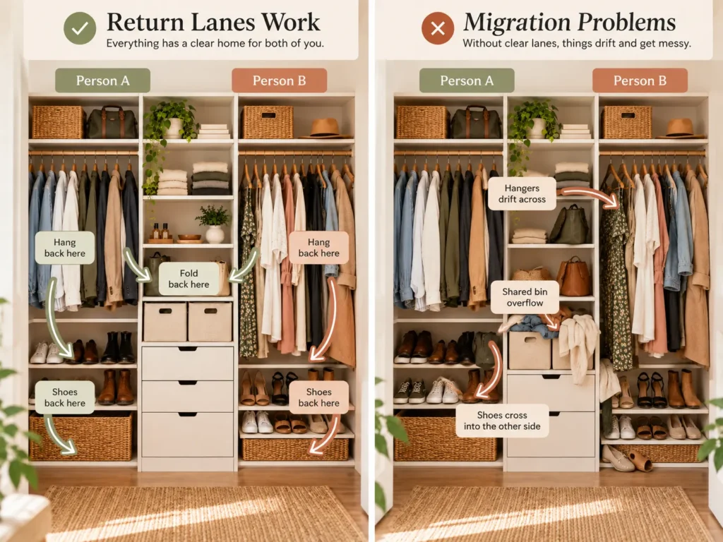 Return-Lane and Migration Test comparing clear personal closet zones with hangers, shoes and shared items drifting across boundaries.