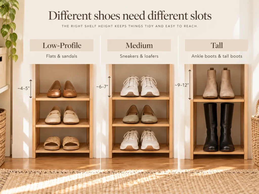 Shoe storage height guide showing shelf spacing for low-profile shoes, sneakers, ankle boots, and tall boots.