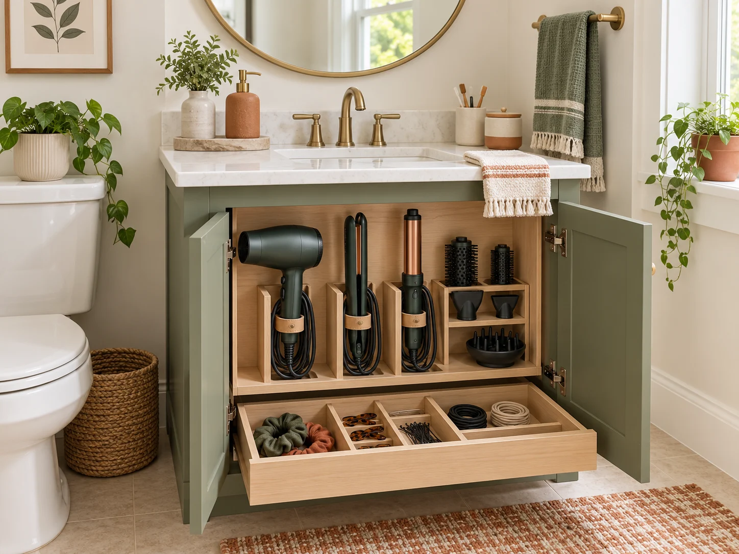 Open bathroom cabinet with separate compartments for a hair dryer, straightener, curling iron and attachments.