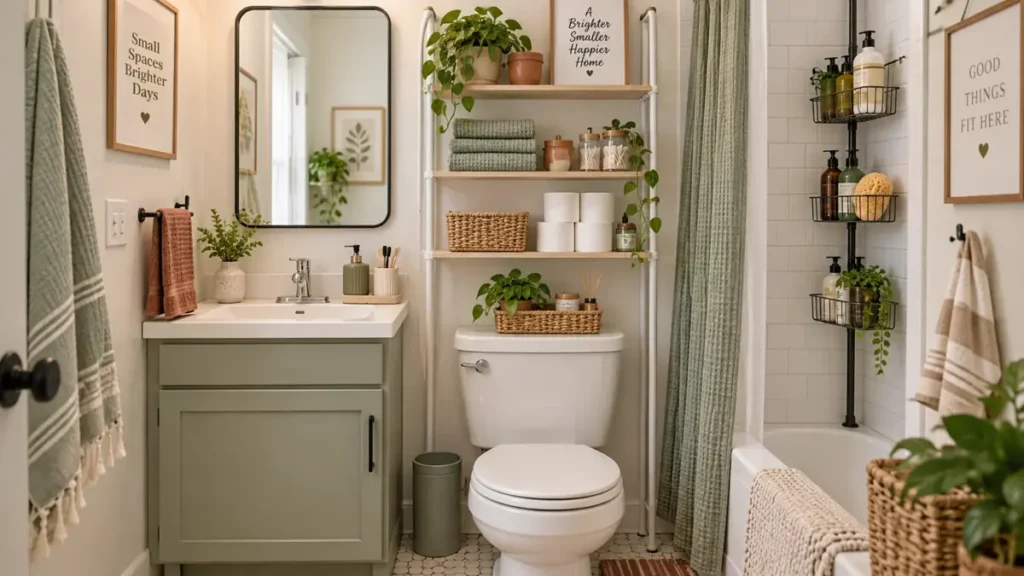 Small bathroom storage ideas for renters with over-toilet shelving, an organized vanity, and no-drill shower storage