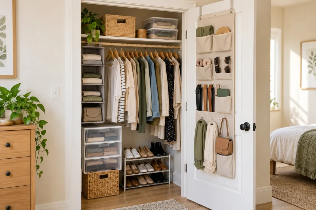 Organized rental closet with an over-door pocket organizer, hanging clothes, storage bins, clear drawers and a compact shoe rack.