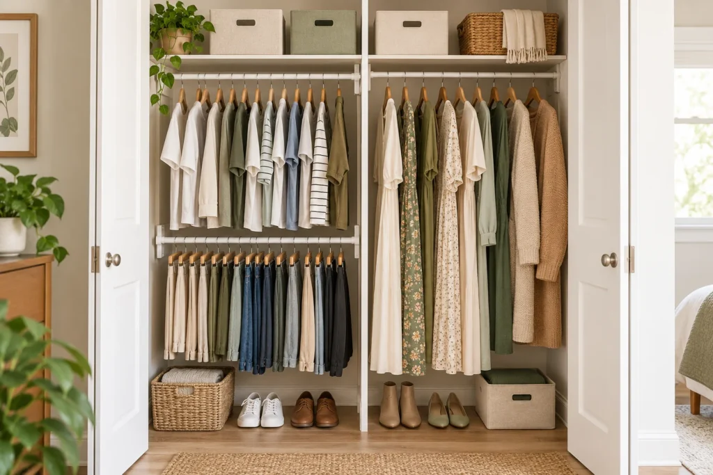 Organized small closet with double hanging space for short clothes, a full-height section for dresses, top shelf bins and shoe storage.