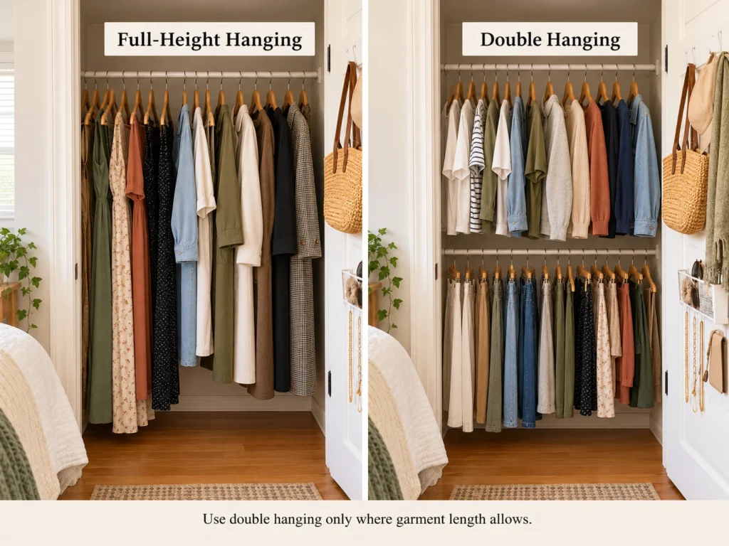 Comparison of full-height hanging and double hanging in a small closet to show when a second rod fits.