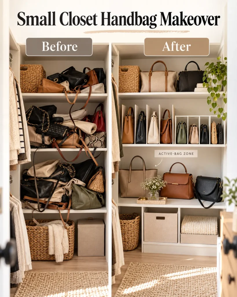 Before and after small closet handbag organization showing crowded purses transformed into divided shelves, visible bag slots and an active-bag zone.
