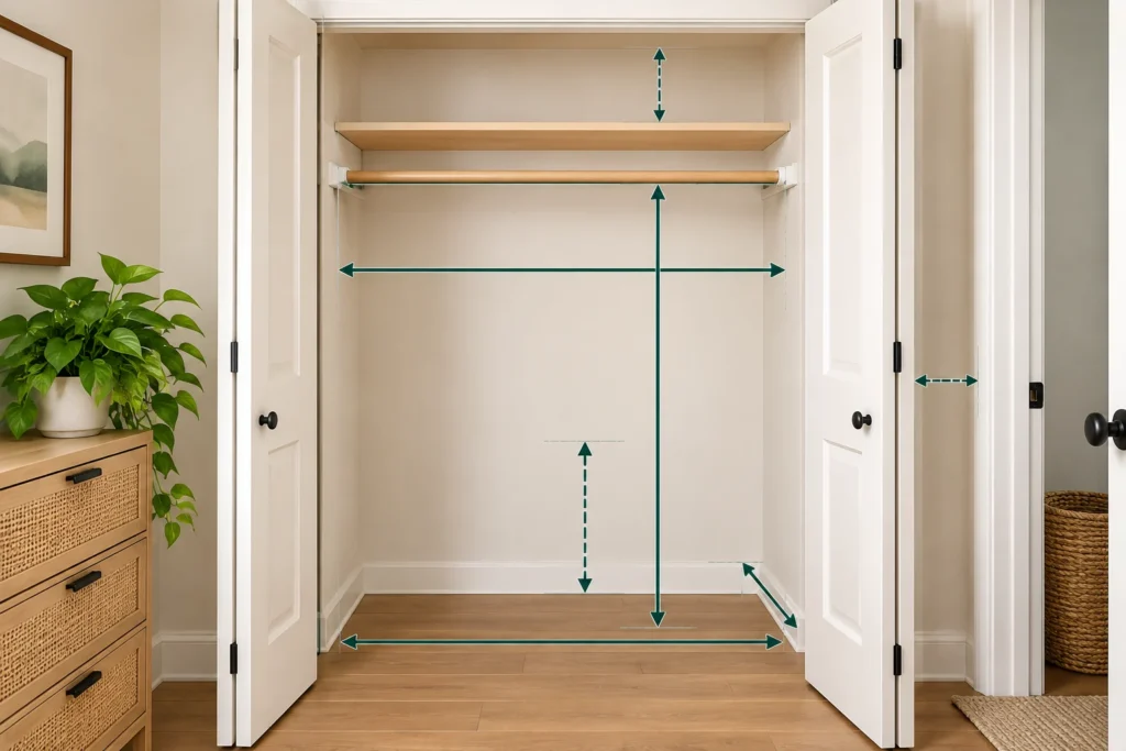 Small empty closet with measurement arrows for width, depth, rod height, shelf clearance, floor space and door clearance.