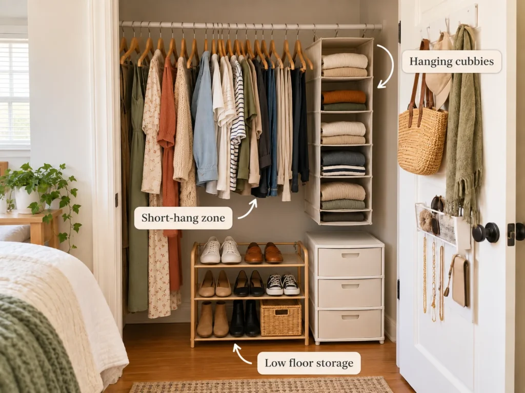 Small closet with no shelves labeled to show short-hang zone, hanging cubbies and low floor storage.