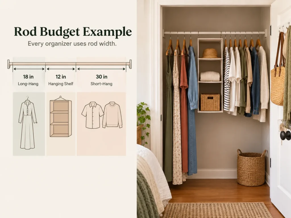 Rod budget example for a small closet with no shelves showing long-hang space, hanging shelf width and remaining short-hang space.