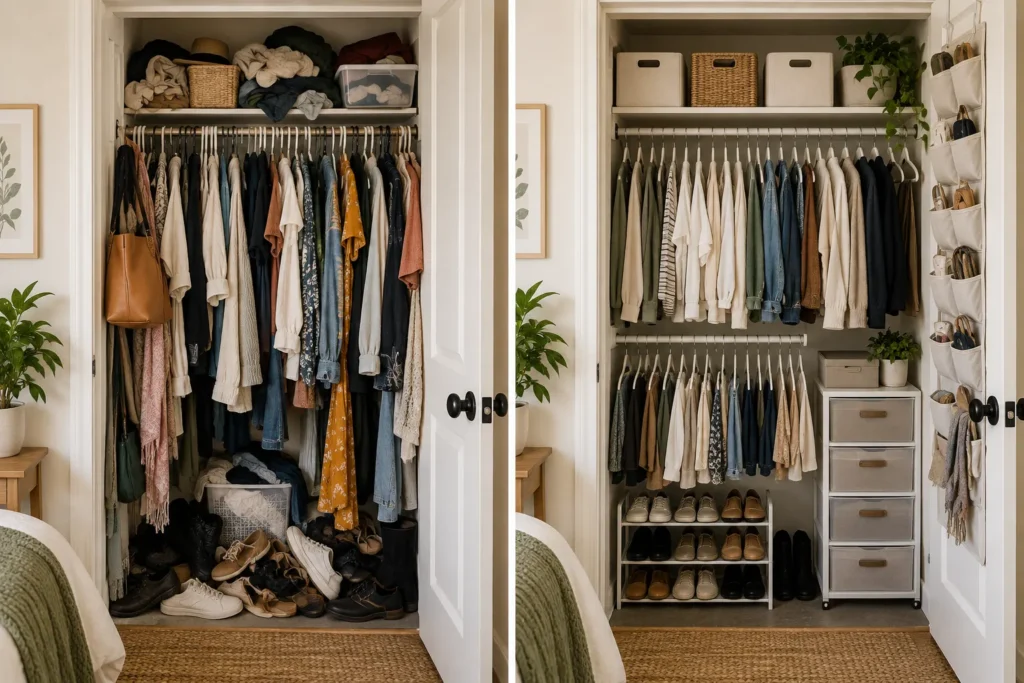 Before-and-after comparison of a cluttered small closet and an organized closet with hanging clothes, bins, drawers and shoe storage.