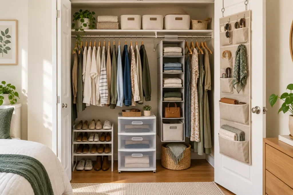 Small rental closet organized with hanging clothes, upper shelf bins, clear drawers, shoe storage and an over-door organizer.