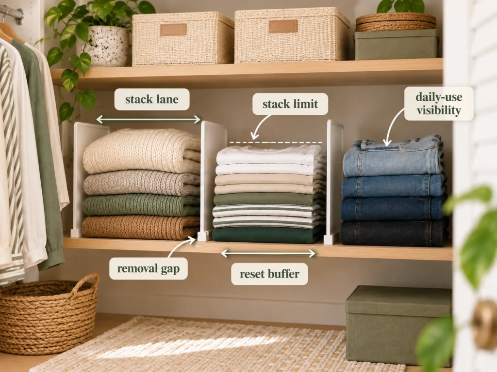 One-Pull Stack System showing stack lanes, stack limits, removal gaps, reset buffers and daily-use visibility on closet shelves.