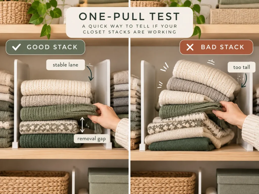 One-Pull Test comparing a stable folded-clothes stack with an overly tall stack that collapses when a middle item is removed.