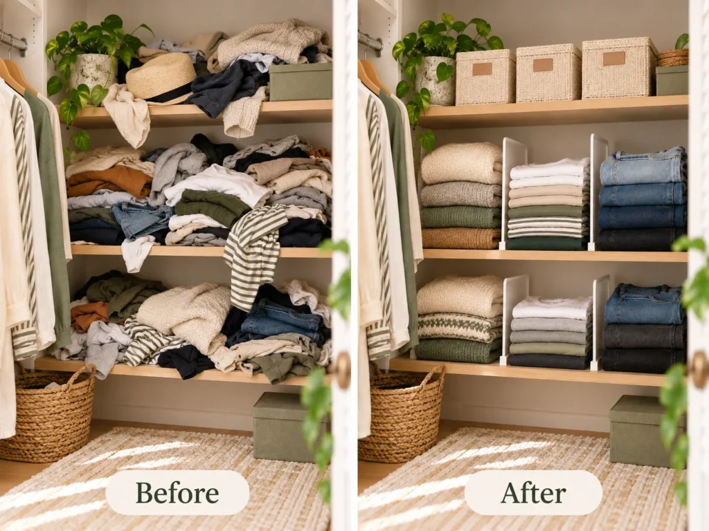 Comparison of closet shelf organization methods including open stacks, shelf dividers, open baskets and clear storage bins.