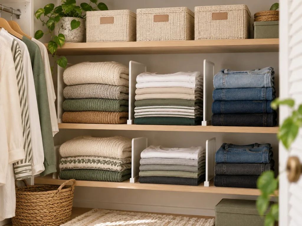 Small closet shelf organization with folded sweaters, T-shirts, jeans, shelf dividers, baskets and labeled top-shelf storage.