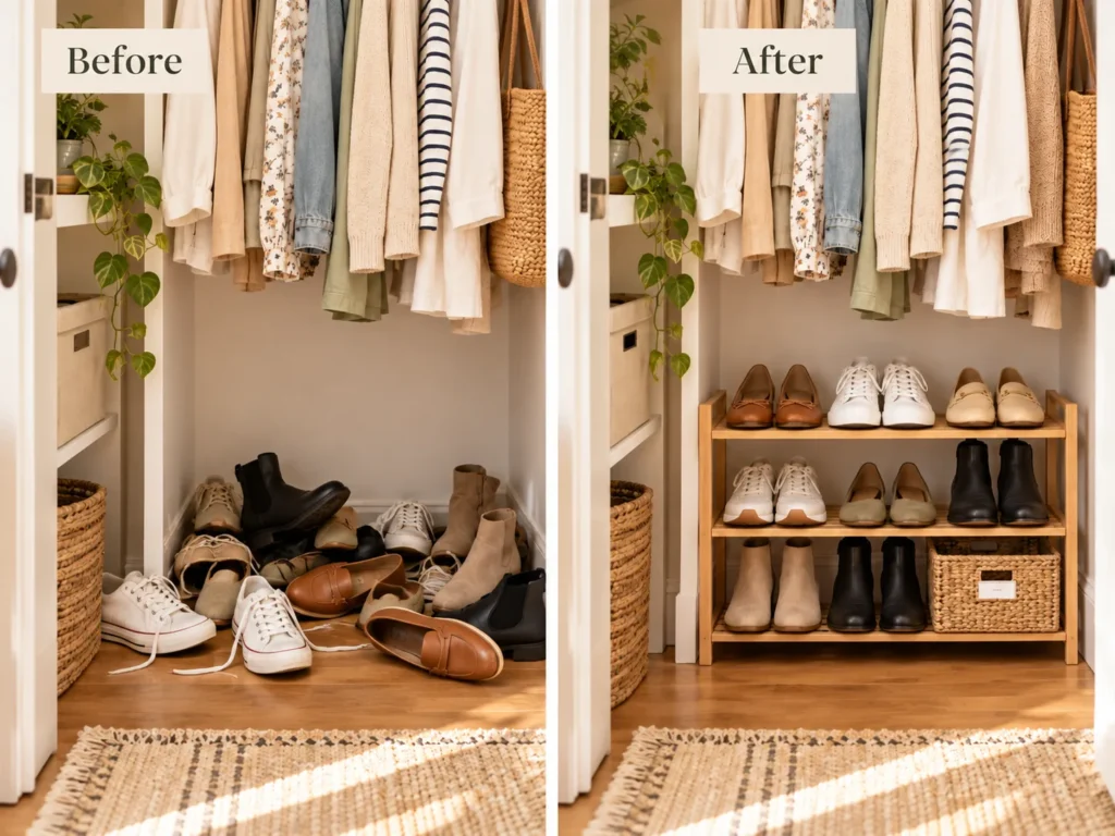 Before and after small closet shoe storage showing a cluttered shoe area transformed into an organized shoe rack system.