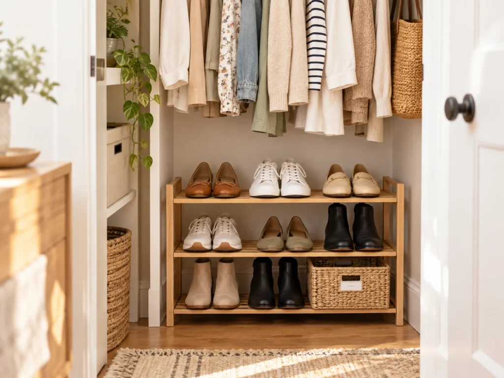 Organized small closet shoe storage with a low wooden shoe rack under hanging clothes, ankle boots, sneakers and flats.