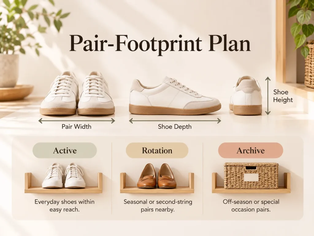 Pair-footprint plan infographic showing pair width, shoe depth, shoe height, and Active, Rotation, and Archive shoe zones.