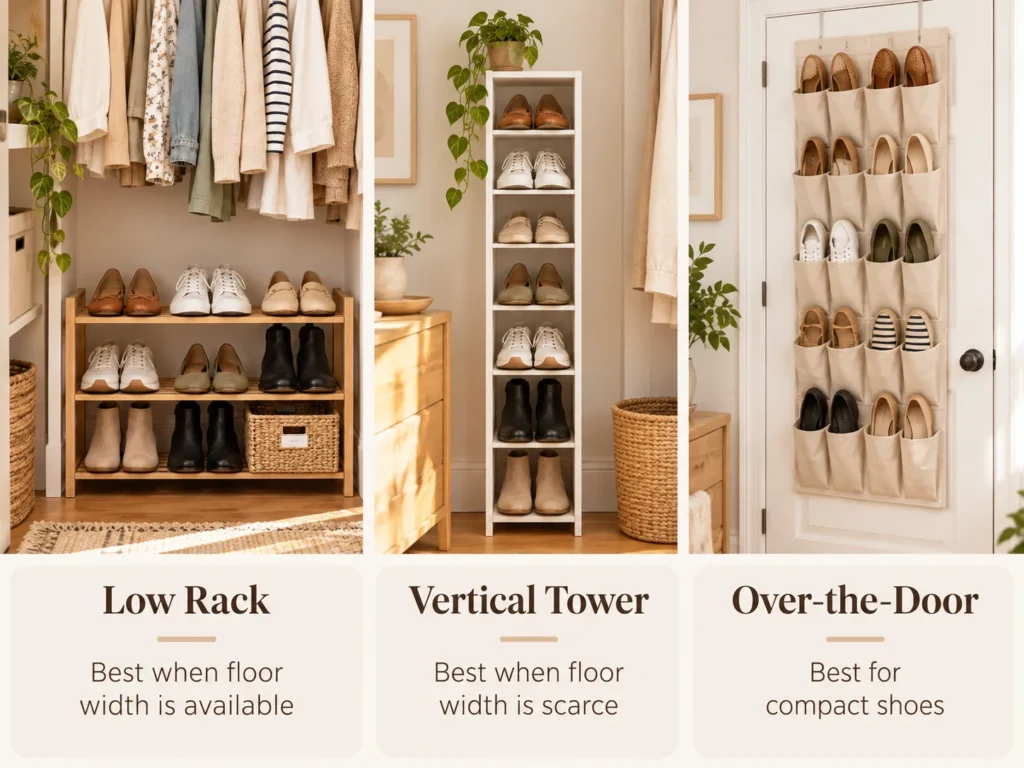 Comparison of small closet shoe storage ideas including a low shoe rack, vertical shoe tower, and over-the-door shoe organizer.