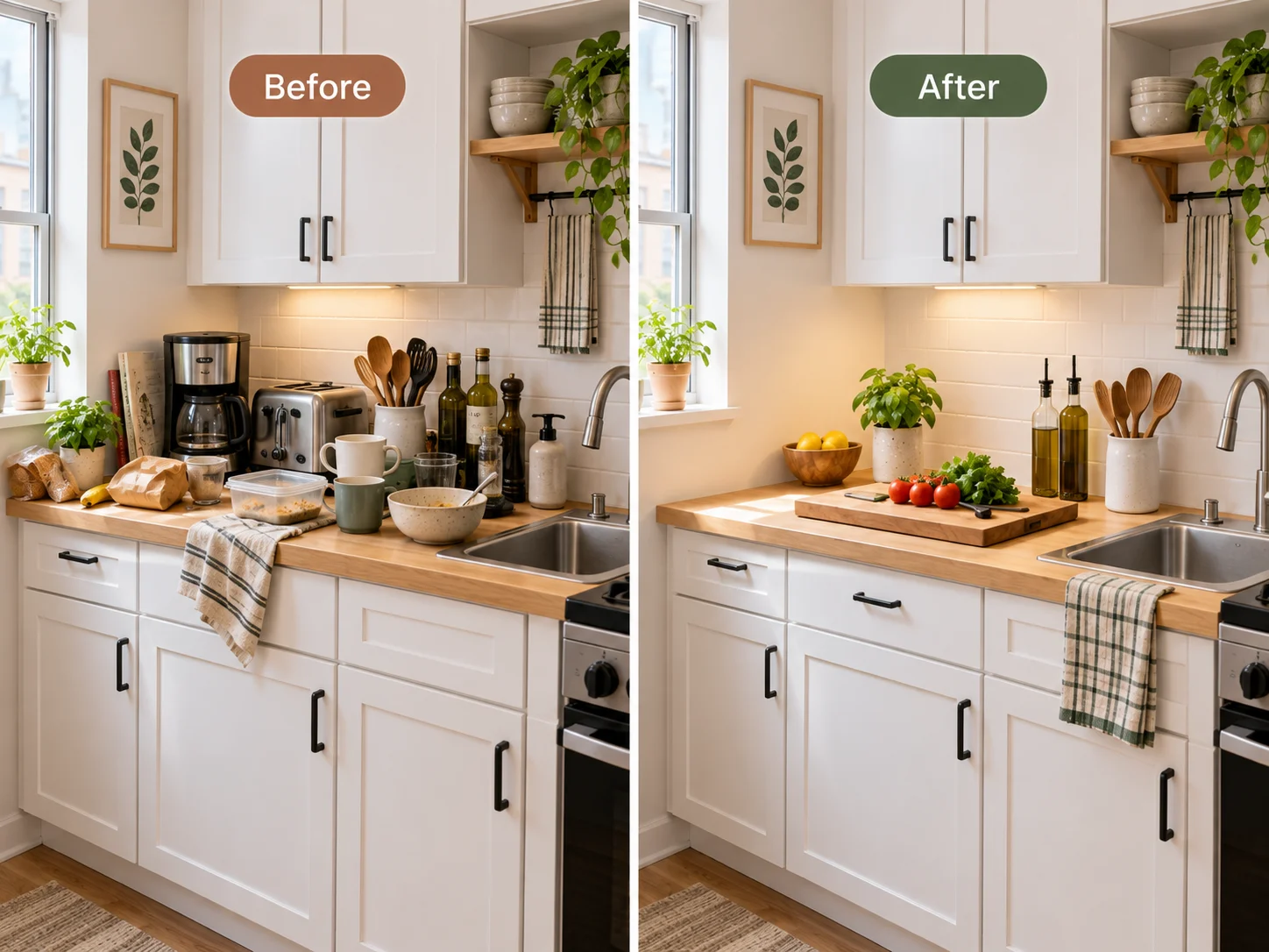 Before-and-after small kitchen countertop showing clutter cleared to create usable food preparation space.