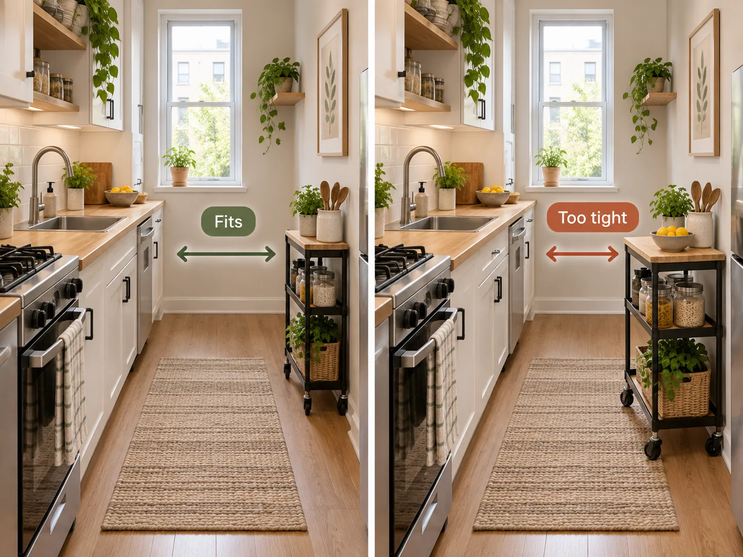 Side-by-side small kitchen comparison showing a rolling cart that fits and one that crowds the walkway.