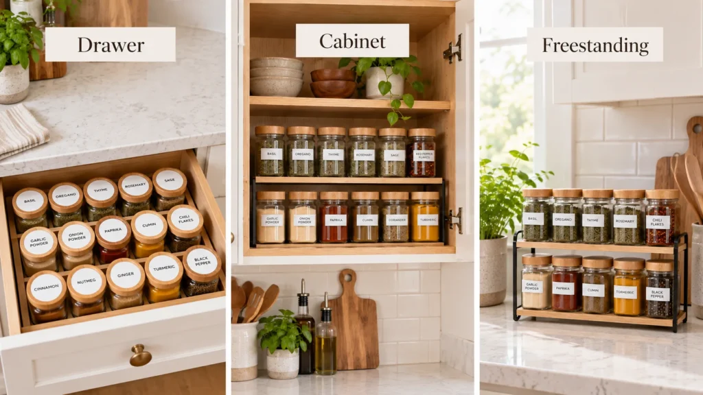 Three spice storage options shown side by side: a drawer with top-labeled jars, a cabinet with tiered shelves, and a freestanding countertop spice rack.