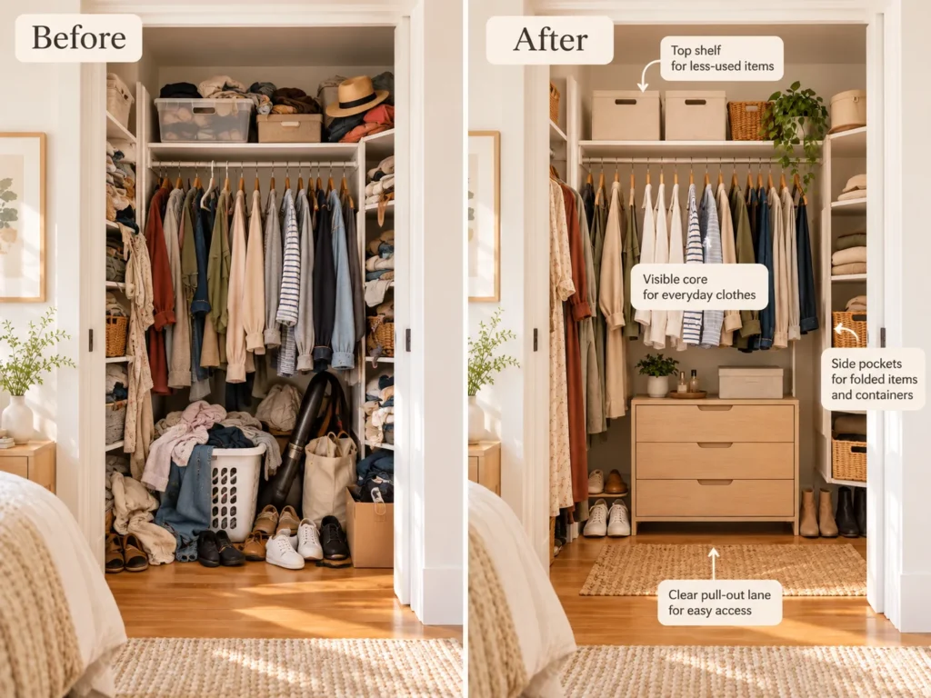Before and after small reach-in closet organization showing a cluttered closet transformed with a visible core, top shelf storage, side pockets and clear floor access.