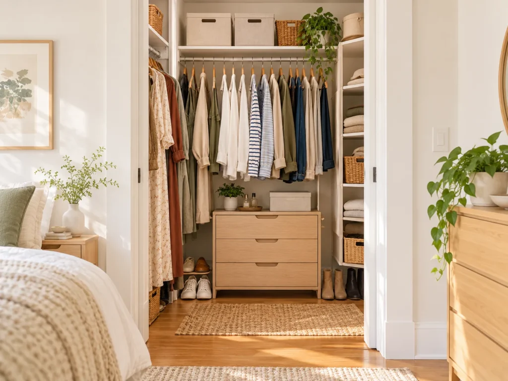 Small reach-in closet organized with hanging clothes, top shelf bins, centered drawers, side shelving and visible shoe storage.