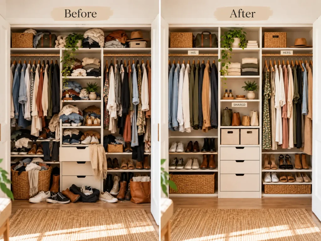 Before and after small shared closet organization showing a cluttered two-person closet transformed into separate personal zones and shared storage.