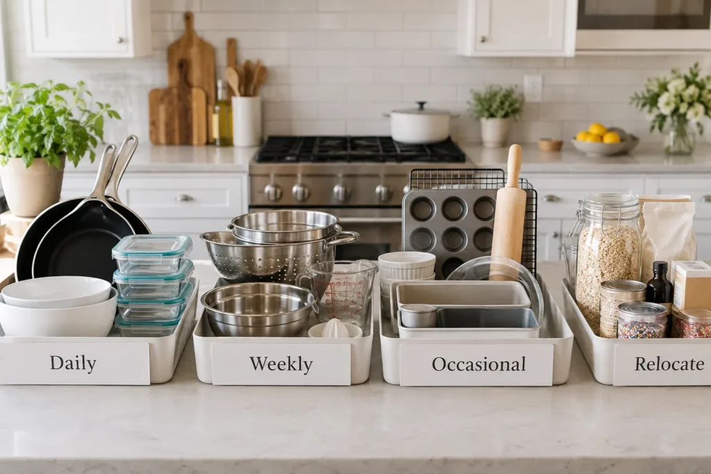 Kitchen supplies organized into four labeled groups: Daily, Weekly, Occasional, and Relocate, with cookware, bowls, food containers, and baking supplies.