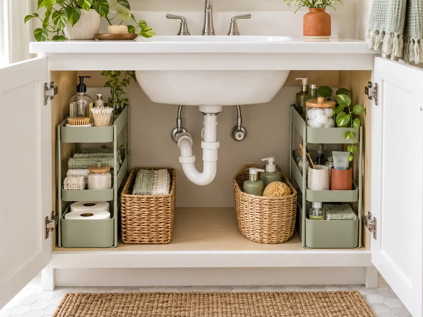 Under sink bathroom organization with side shelves baskets and clear plumbing access