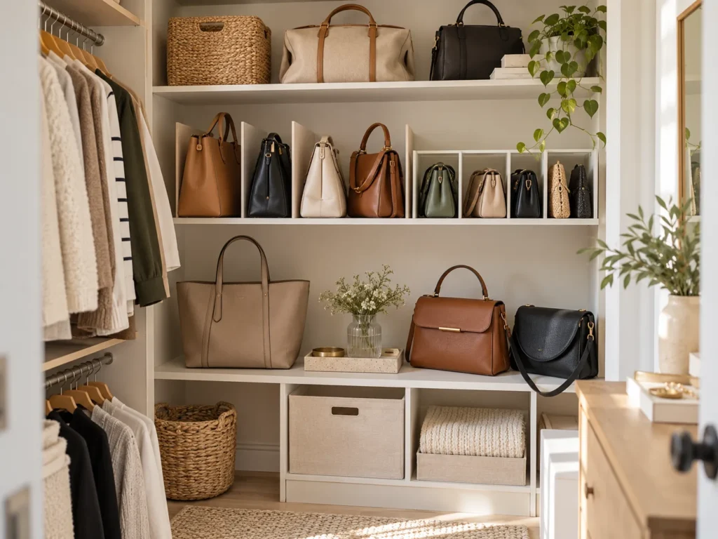 Small closet handbag storage with structured totes, crossbody bags, divided shelves, cubbies and an easy-access active bag zone.