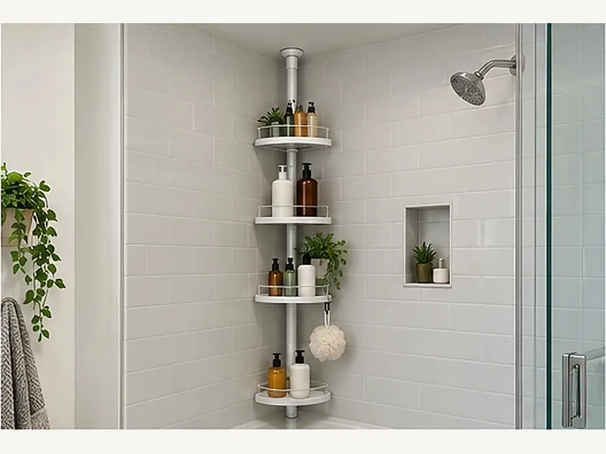 Corner tension pole shower caddy installed from tub edge to ceiling in a small rental shower
