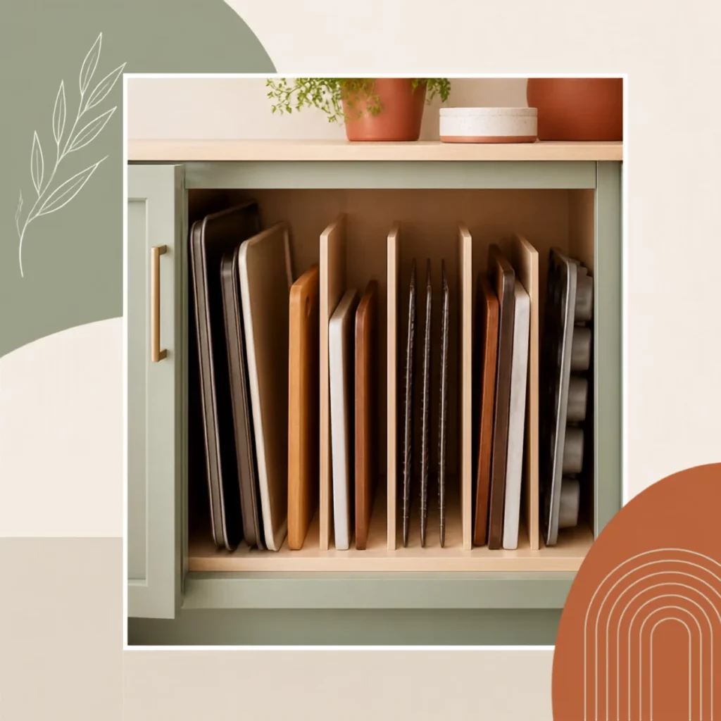 Testing the pull-out path of a baking sheet before buying a cabinet organizer