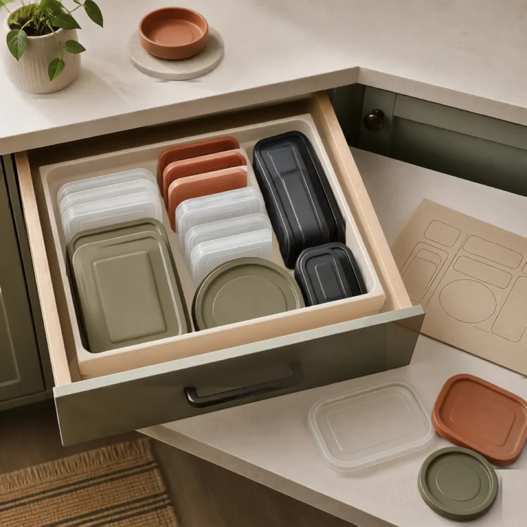 Testing a shallow tray layout for storing food container lids before buying an organizer