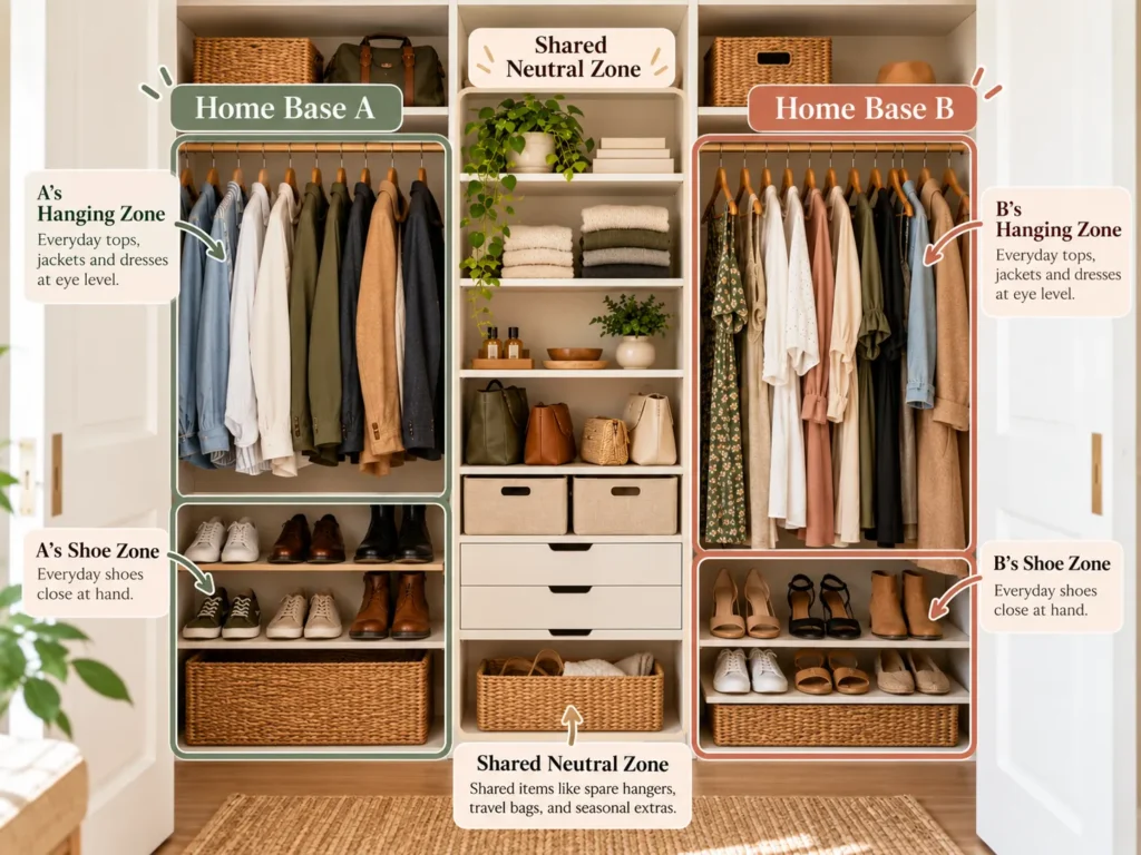 Two-Home-Base Plan showing separate personal hanging and shoe zones with a shared neutral storage area in the center.