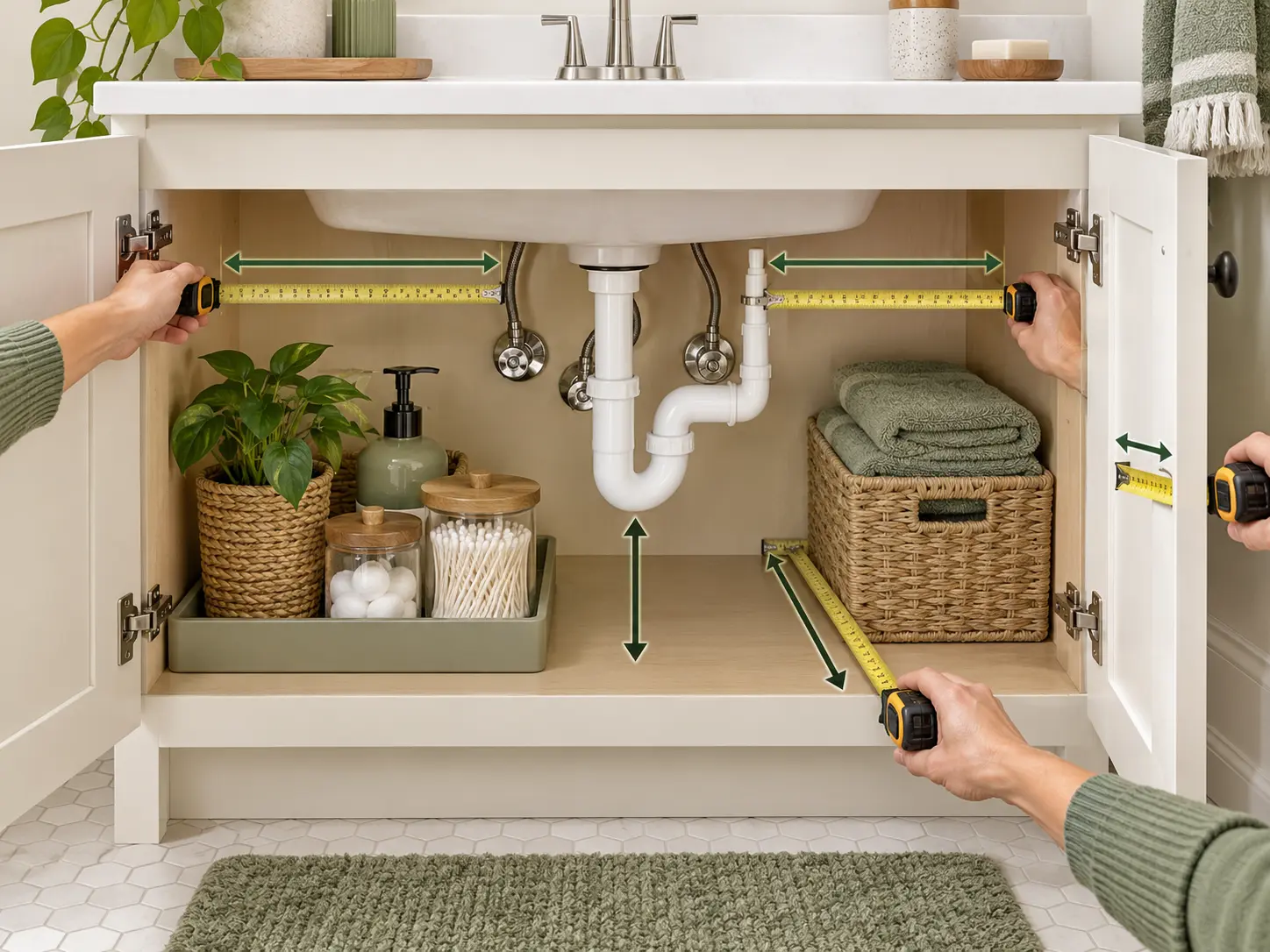 Measuring clear space for under sink bathroom organization around plumbing